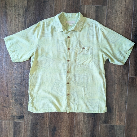 Island Republic Silk Tiki Camp Shirt Mens Med Geometric Vacation Retro 90s Green - Picture 4 of 12